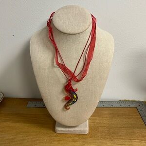 Red glass seahorse pendant string ribbon layered necklace adjustable